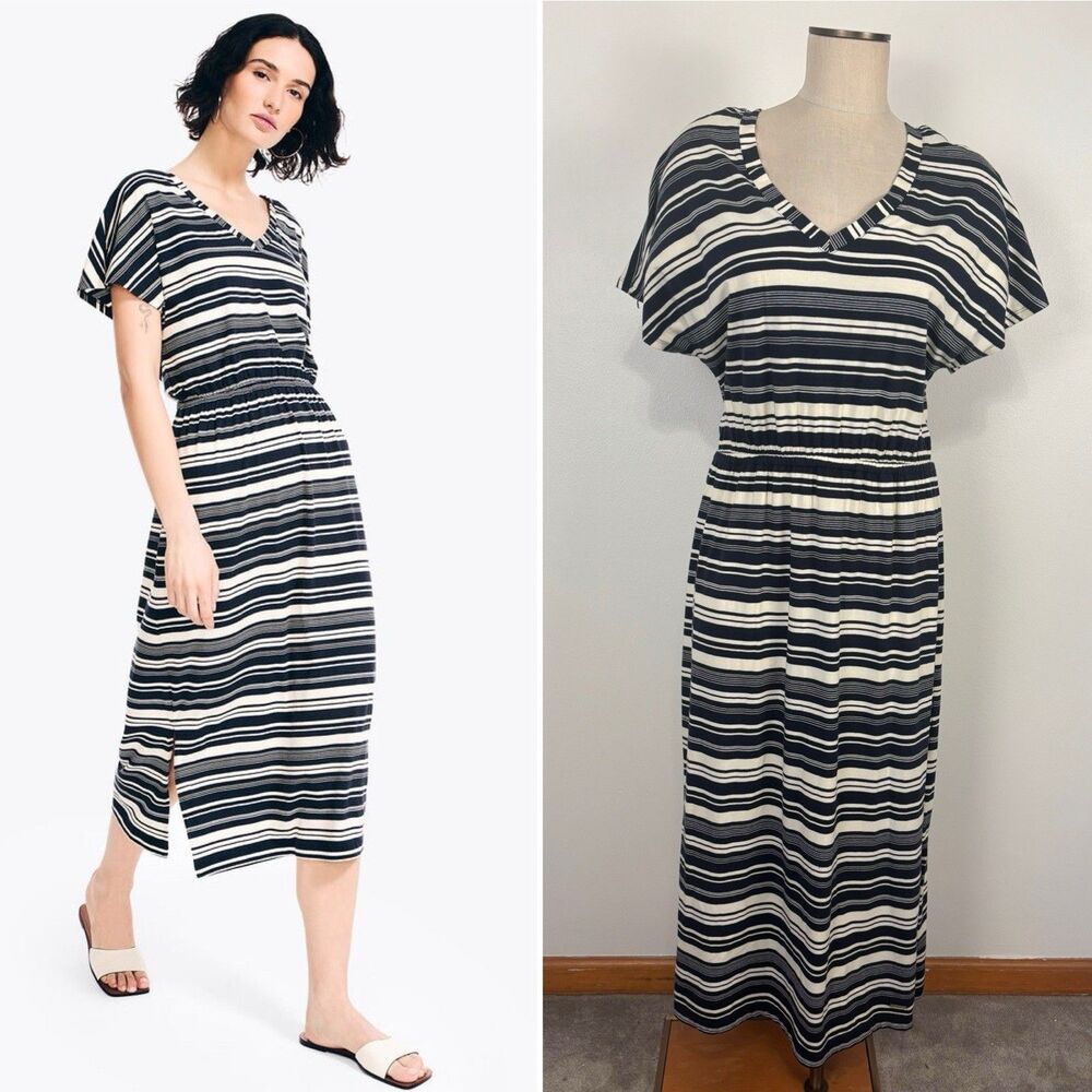 Nautica Womens Large Black White Striped Midi Casual Jersey Dress